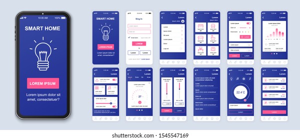 Smart Home Mobile App Interface Vector Templates Set. Remote Temperature Control. Web Page Design Layout. Pack Of UI, UX, GUI Screens For Application. Phone Display. Web Design Kit
