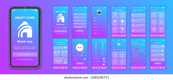 Smart home mobile app interface screens template set. Online account, monitoring thermostat and electricity, automation management. Pack of UI, UX, GUI kit for application web layout. Vector design.