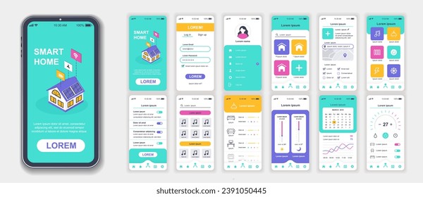 Smart home mobile app interface screens template set. Account login, automation management, appliance monitoring, security system. Pack of UI, UX, GUI kit for application web layout. Vector design.