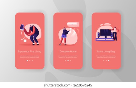 Smart Home Mobile App Page Onboard Screen Set. People Use Television, Iron and Air Conditioner with Iot, Internet of Things Technology Concept for Website or Web Page. Cartoon Flat Vector Illustration