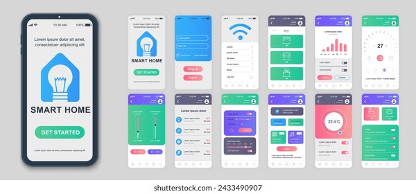 Smart home mobile app screens set for web templates. Pack of profile login, automation control, online monitoring thermostats. UI, UX, GUI user interface kit for cellphone layouts. Vector design