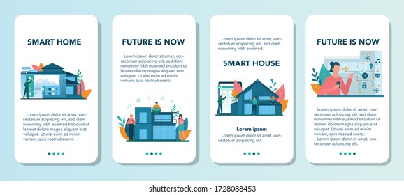 Juego de banners para aplicaciones móviles Smart Home. Idea de tecnología inalámbrica y automatización. Seguridad electrónica y luz. Innovación digital. Ilustración vectorial en estilo de caricatura