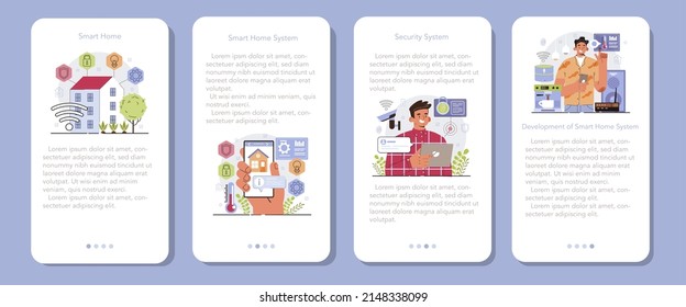 Smart home mobile application banner set. Idea of wireless technology and automation. Electronic security and light. Digital innovation, smart home system development. Flat vector illustration