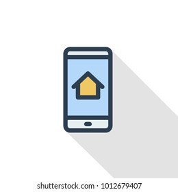 Smart home mobile control icon organization of electronic devices thin line flat color icon. Linear vector illustration. Pictogram isolated on white background. Colorful long shadow design.