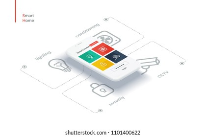 Smart home mobile interface. Infographics with a mobile phone and icons controlling the parameters of the smart house system. Modern full-color illustration isometric style.