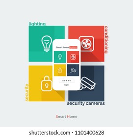 Smart home mobile interface. Infographics with a mobile phone and icons controlling the parameters of the smart house system. Modern full-color illustration flat style.