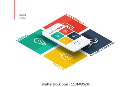 Smart home mobile interface. Infographics with a mobile phone and icons controlling the parameters of the smart house system. Modern full-color illustration isometric style.