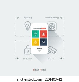 Smart home mobile interface. Infographics with a mobile phone and icons controlling the parameters of the smart house system. Modern full-color illustration flat style.