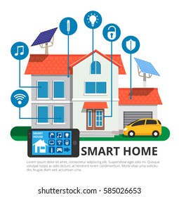 Smart home in modern flat design style, vector illustration technology system with centralized control of lighting, heating, ventilation and air conditioning, security and video surveillance
