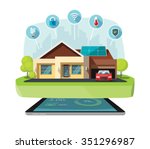 Smart home modern future house vector illustration flat, lighting, heating, air conditioning, saving energy efficiency, security safety, sun solar module power control technology centralized systems