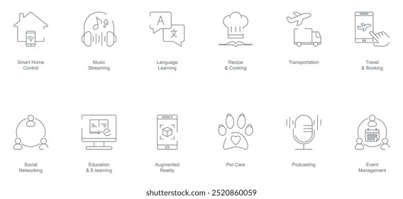 Smart Home, Music Streaming, Language Learning, Transportation, Travel and Booking, Social Networking, Education and E-Learning, Augmented Reality, Pet Care, Podcasting mobile app icon set