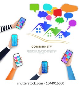 Smart home network community concept. Mobile app online communication chat technology with infographic. Real estate community horizontal banner with copy space. Flat vector illustration.