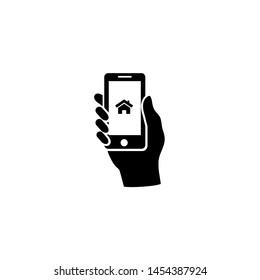 Smart home and network connect concept. Human hand holding phone and smart home application. Vector icon