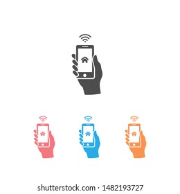 Smart home and network connect concept. Human hand holding phone and smart home application. Vector icon set