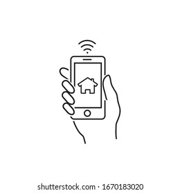 Smart home and network connect concept. Human hand holding phone and smart home application. Vector line icon