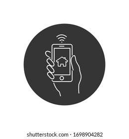 Smart home and network connect concept. Human hand holding phone and smart home application. Vector line icon