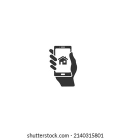Smart home and network connect concept. Human hand holding phone and smart home application. Vector icon