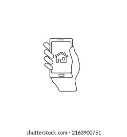 Smart home and network connect concept line icon. Human hand holding phone and smart home application. Vector icon flat sign