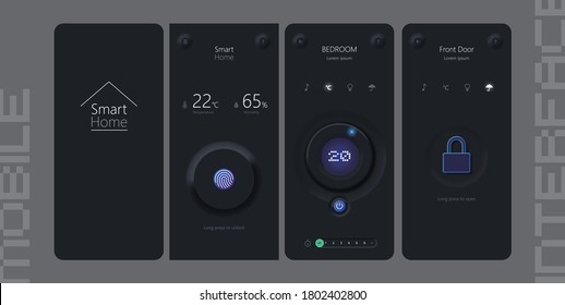 Smart Home neumorphic design kit with neumorphism style. App UI, UX templates. GUI for mobile application. vector illustrations for mobile phone interface. Professional, Pixel-aligned, Pixel Perfect