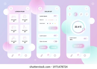 Smart home neumorphic elements kit for mobile app. Remote temperature control, light sensor settings, automation. UI, UX, GUI screens set. Vector illustration of templates in glassmorphic design