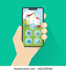 Smart home on phone vector illustration, flat cartoon protection and security remote control technology for house via cellphone or smartphone