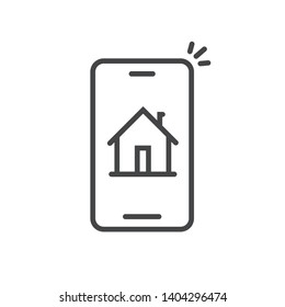 Smart home on phone vector illustration, line outline art protection and security remote control technology for house via cellphone or smartphone