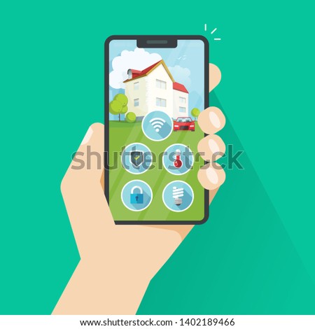 Smart home on phone vector illustration, flat cartoon protection and security remote control technology for house via cellphone or smartphone