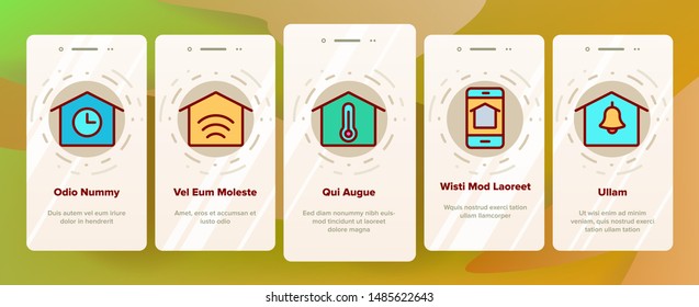 Smart Home Onboarding Mobile App Page Screen Set Vector. Control, Camera, Light Settings And Humidity Smart House Device Linear Pictograms. Automation Monitoring Contour Illustrations