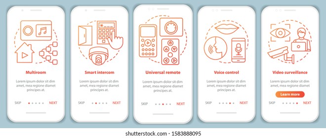 Smart home onboarding mobile app page screen vector template. Automation systems for security and comfort. Walkthrough website steps with linear illustrations. UX, UI, GUI smartphone interface concept