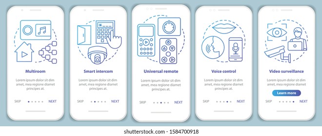 Smart home onboarding mobile app page screen vector template. Automation systems for security and comfort. Walkthrough website steps with linear illustrations. UX, UI, GUI smartphone interface concept