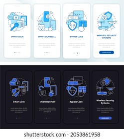 Smart home onboarding mobile app page screen. Home automation walkthrough 4 steps graphic instructions with concepts. UI, UX, GUI vector template with linear night and day mode illustrations