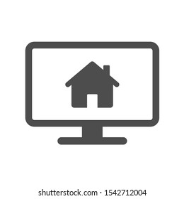 Smart home online monitoring app silhouette vector icon isolated on white background. Computer monitor with smart house flat icon for web, mobile apps and user interface design