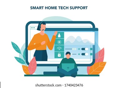 Smart Home Online Service Or Platform Set. Idea Of Wireless Technology And Automation. Smart Home Tech Support. Vector Illustration In Cartoon Style