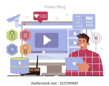 Smart home online service or platform. Idea of wireless technology and automation. Smart home system development. Video blog. Flat vector illustration