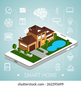 Smart home with outline icons on smart phone. Isometric house. EPS 8.