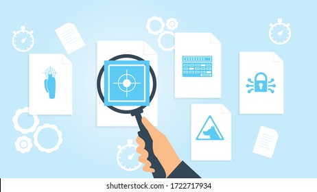 Smart home, panel file, document research vector illustration. Document with search icons. File and magnifying glass. Analytics research sign. Vector Illustration