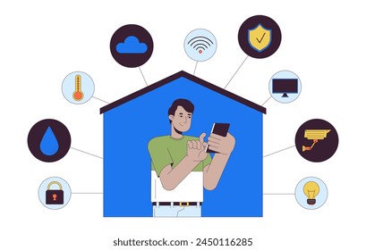 Smart home phone man 2D linear illustration concept. Remote access with smartphone indian guy cartoon character isolated on white. Smart house technology metaphor abstract flat vector outline graphic