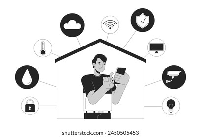 Smart home phone man black and white 2D illustration concept. Remote access with smartphone indian guy cartoon outline character isolated on white. Smart house technology metaphor monochrome vector