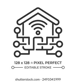 Smart Home Pixel perfekte lineare Ikone. Automatisierungssystem, intelligente Steuerung. Haushaltsorganisation, Elektronik. Dünne Linien-Illustration. Kontursymbol Umrisszeichnung der Vektorgrafik. Bearbeitbarer Strich