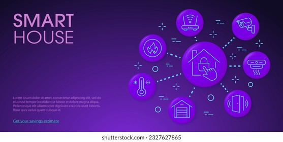 Smart home poster template with icons. Set of automated building, wireless, surveillance, wifi and more.