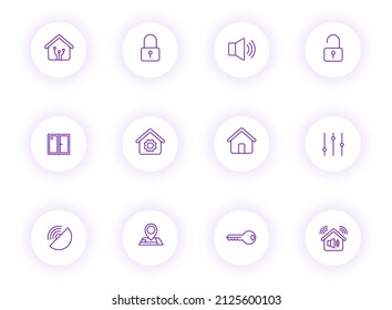 Smart Home Purple Color Outline Vector Icons On Light Round Buttons With Purple Shadow. Smart Home Icon Set For Web, Mobile Apps, Ui Design And Print