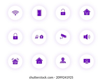 smart home purple color vector icons on light round buttons with purple shadow. smart home icon set for web, mobile apps, ui design and print
