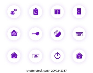 iconos vectoriales color púrpura inteligente en el hogar en botones redondos claros con sombra púrpura. conjunto de iconos de inicio inteligente para web, aplicaciones móviles, diseño de ui e impresión