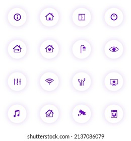 iconos vectoriales color púrpura inteligente en el hogar en botones redondos claros con sombra púrpura. conjunto de iconos de inicio inteligente para web, aplicaciones móviles, diseño de ui e impresión