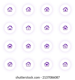 Kleine, violette Vektorsymbole auf hellrunden Tasten mit violettem Schatten. Smarthome-Icon-Set für Web, mobile Apps, i-Design und Print