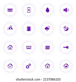 smart home purple color vector icons on light round buttons with purple shadow. smart home icon set for web, mobile apps, ui design and print