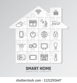 Smart Home Puzzle Creative Concept with Most Useful Icons for Home Automation and Internet of Things - Puzzle Pieces House and Logo on Grey Background - Vector Mixed Graphic Design