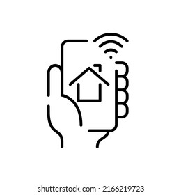 Smart home remote control app using smartphone. Pixel perfect, editable stroke line icon