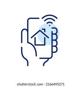 Aplicación de control remoto residencial inteligente usando smartphone. Icono de línea de dibujo de píxeles perfecto, modificable