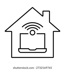 Ilustración vectorial de iconos de línea WiFi de computadora portátil de trabajo remoto para el hogar inteligente